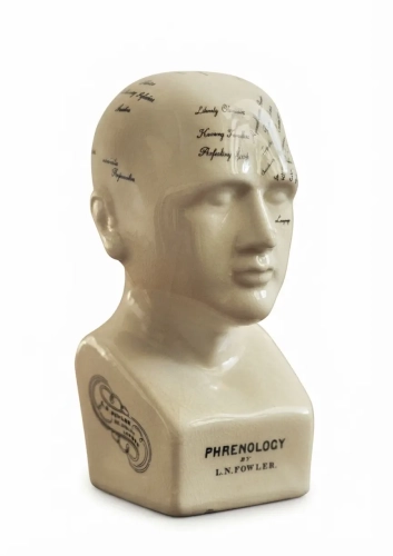 Ceramiczna głowa frenologiczna Phrenology L.N. Fowler w stylu vintage z czarnymi napisami