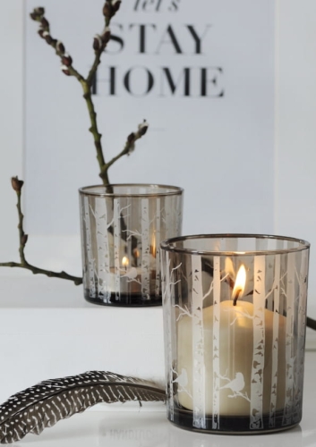 Zestaw szklanych lampionów FOREST z motywem drzew i ptaszków