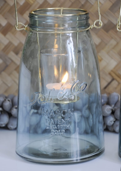 lampion tealight na stół lub balkon – szkło niebieskie z uchwytem